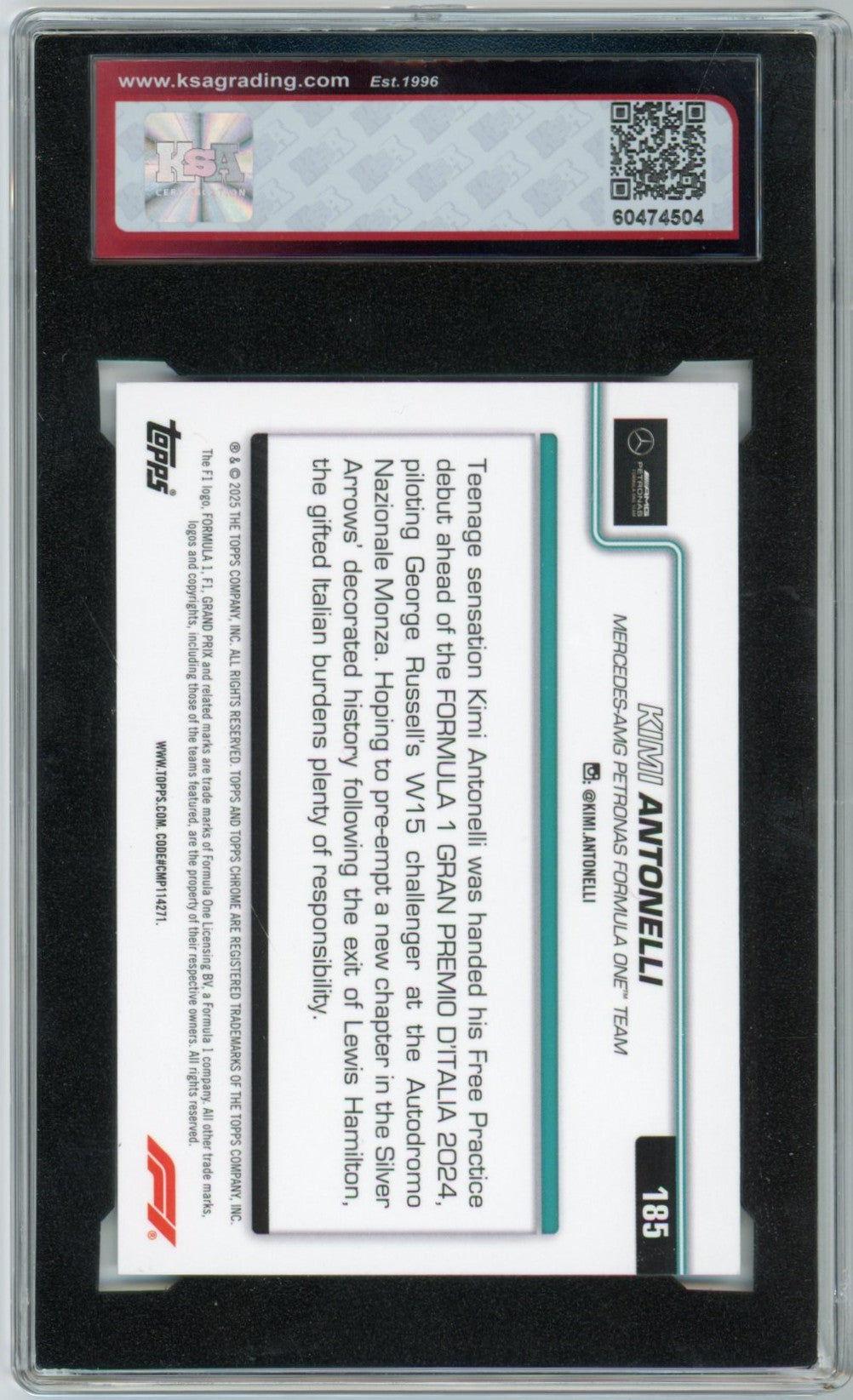 2025 Topps Chrome Formula 1 F1 Kimi Antonelli On the Move Graded Rookie Card #185 KSA 9