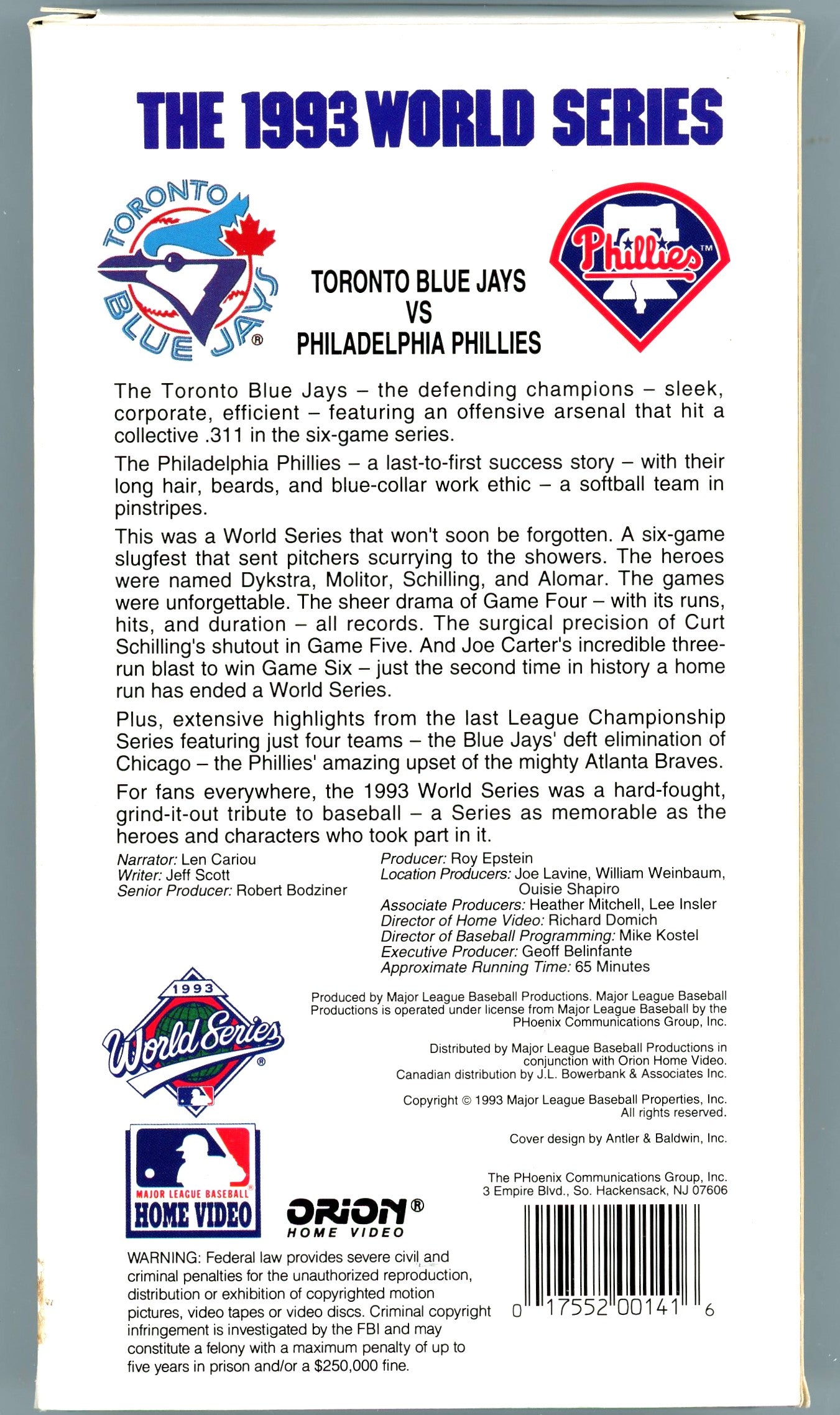 1993 Major League Baseball Home Video MLB World Series Toronto Blue Jays vs. Philadelphia Phillies VHS Tape