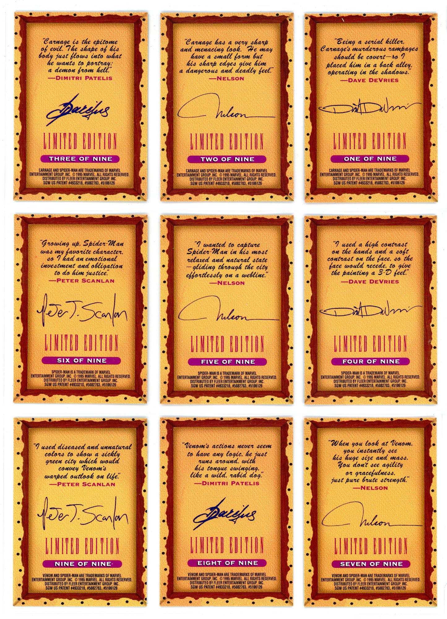 1995 Fleer Ultra Spider-Man Masterpieces Limited Edition Insert Complete Set (9 Cards)
