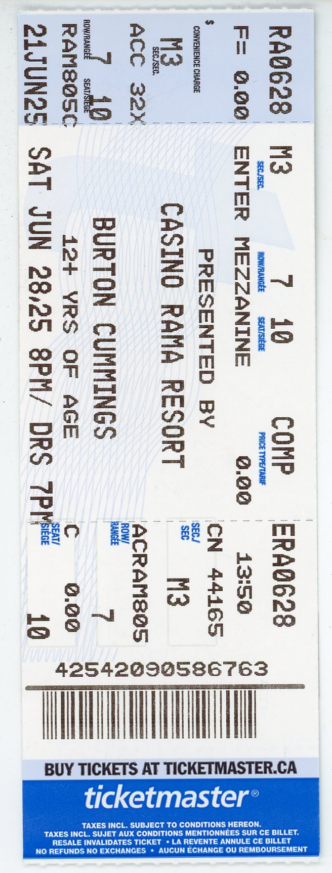 Burton Cummings Concert Ticket Casino Rama Resort (Orillia, 2025)