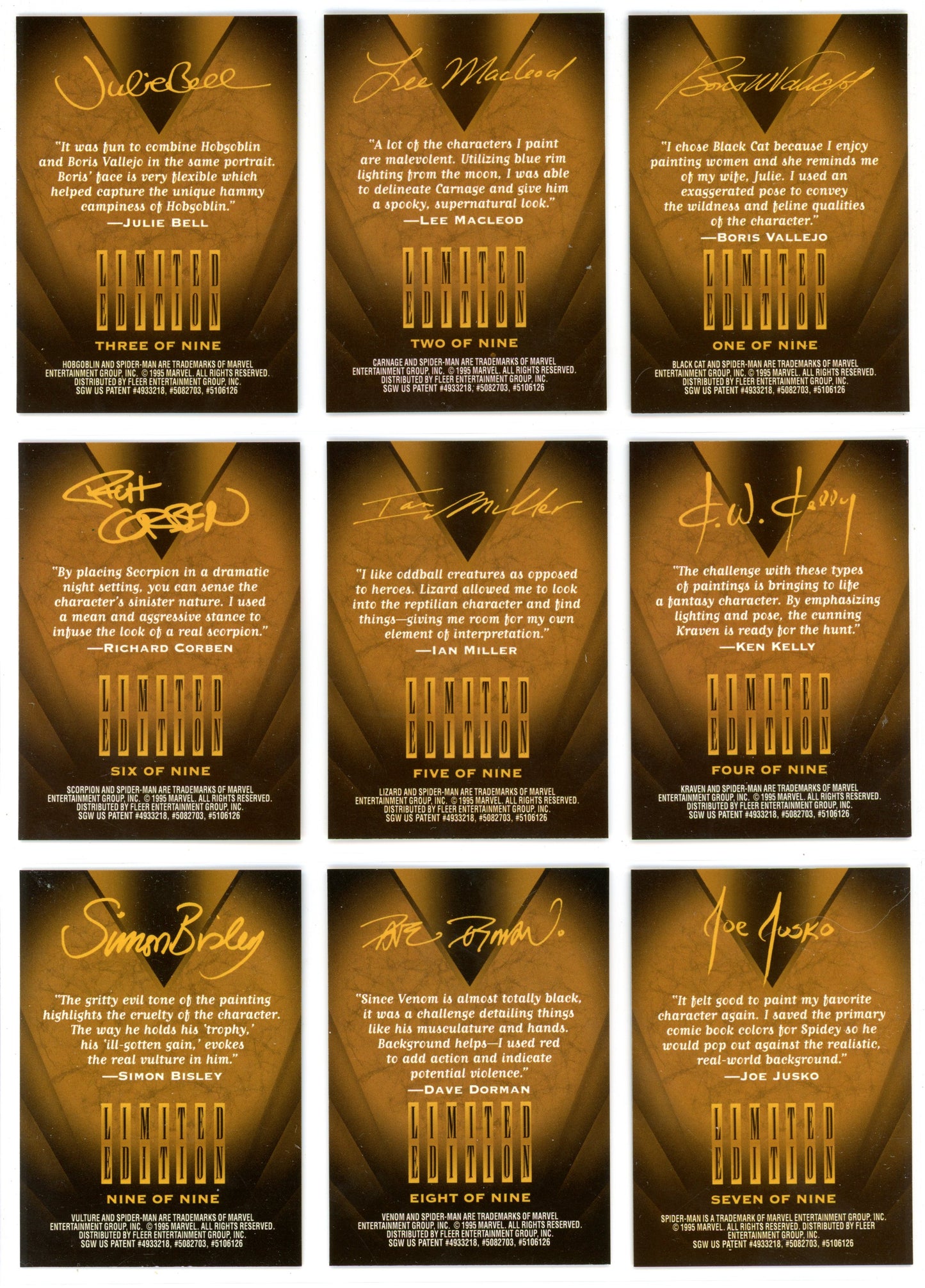 1995 Fleer Ultra Spider-Man Golden Web Limited Edition Insert Trading Card Complete Set (9 Cards)