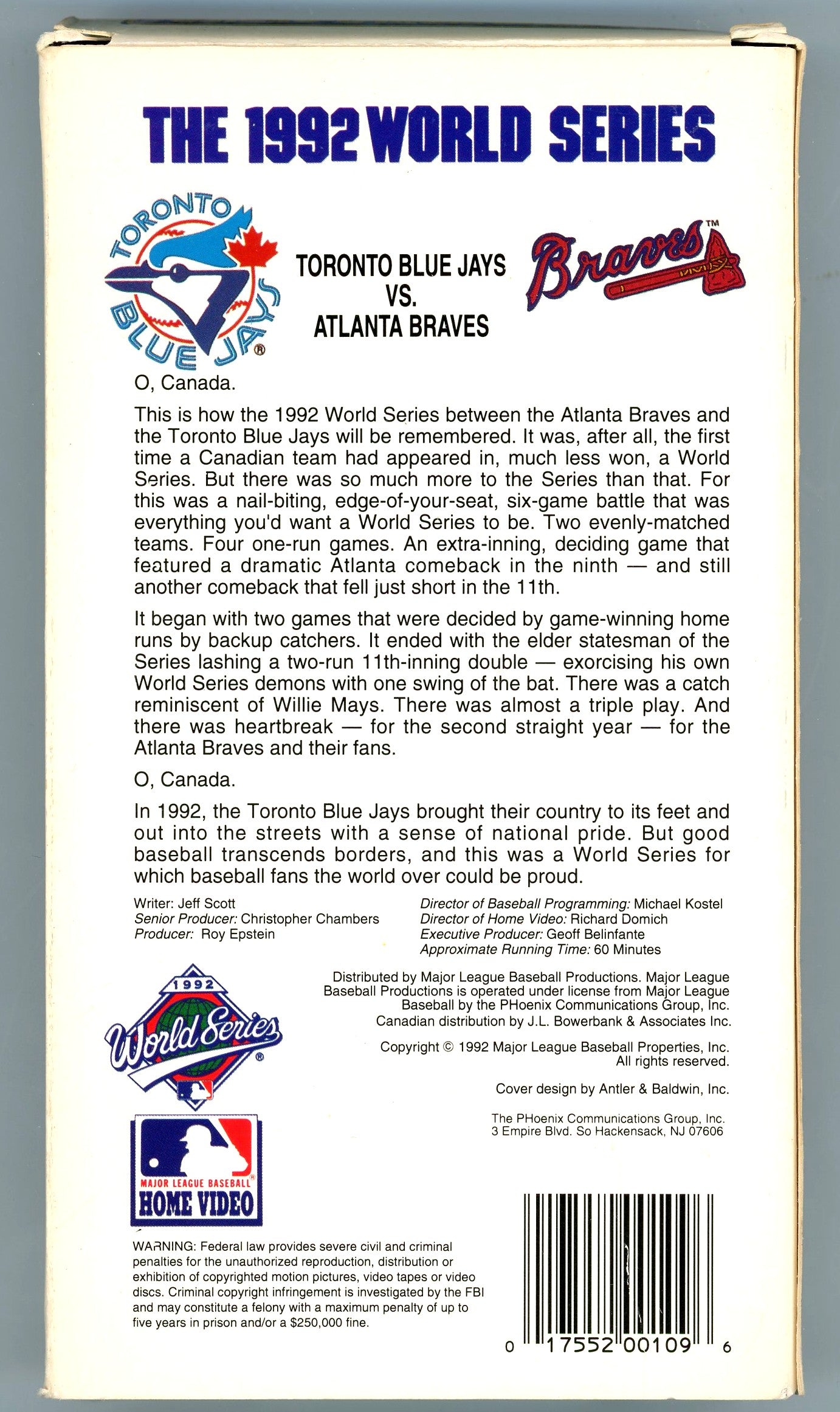1992 Major League Baseball Home Video MLB World Series Toronto Blue Jays vs. Atlanta Braves VHS Tape
