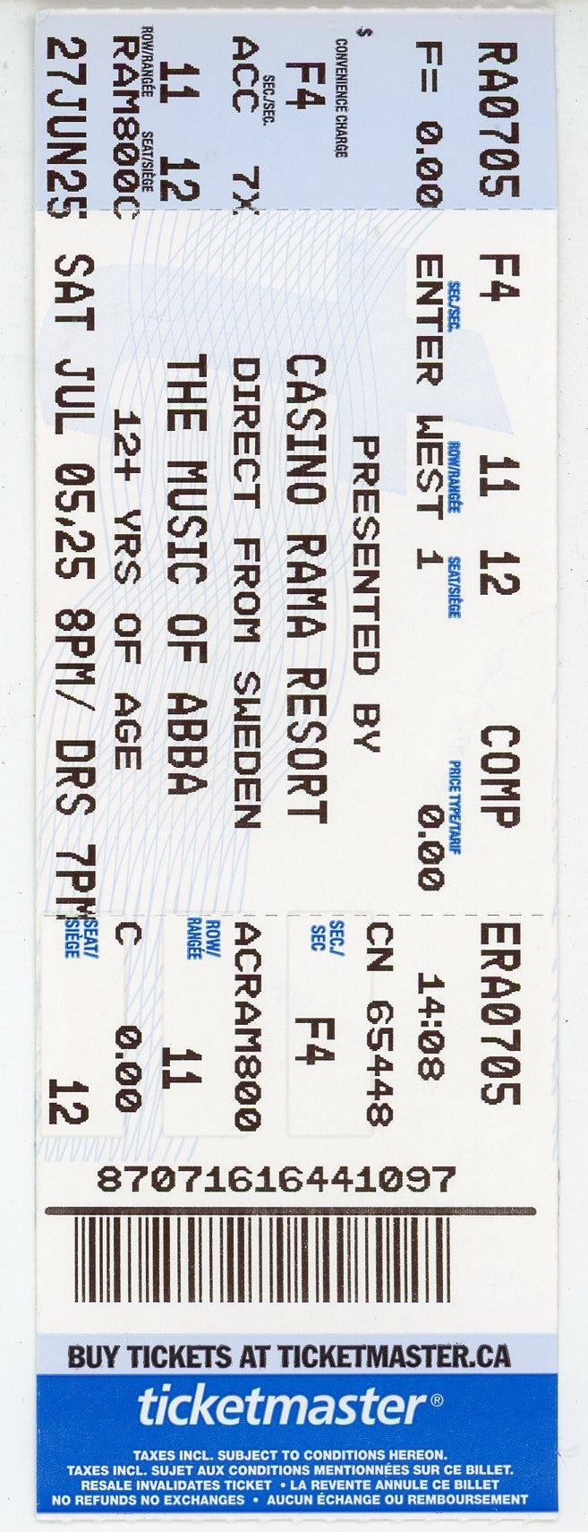 The Music of ABBA Concert Ticket Stub Casino Rama Resort (Orillia, 2025)
