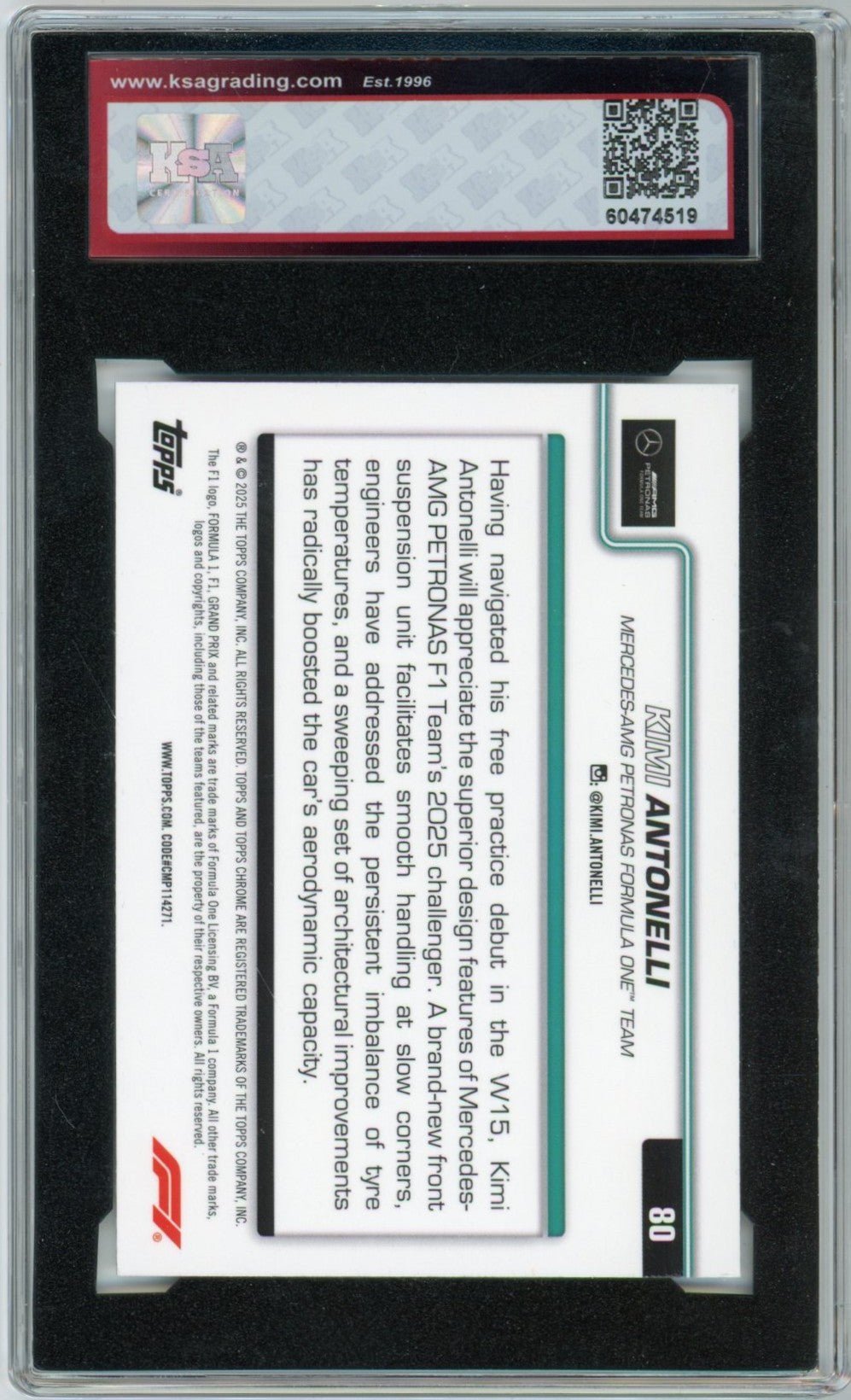 2025 Topps Chrome F1 Formula 1 Kimi Antonelli Car #80 Graded Rookie Card KSA 9.5