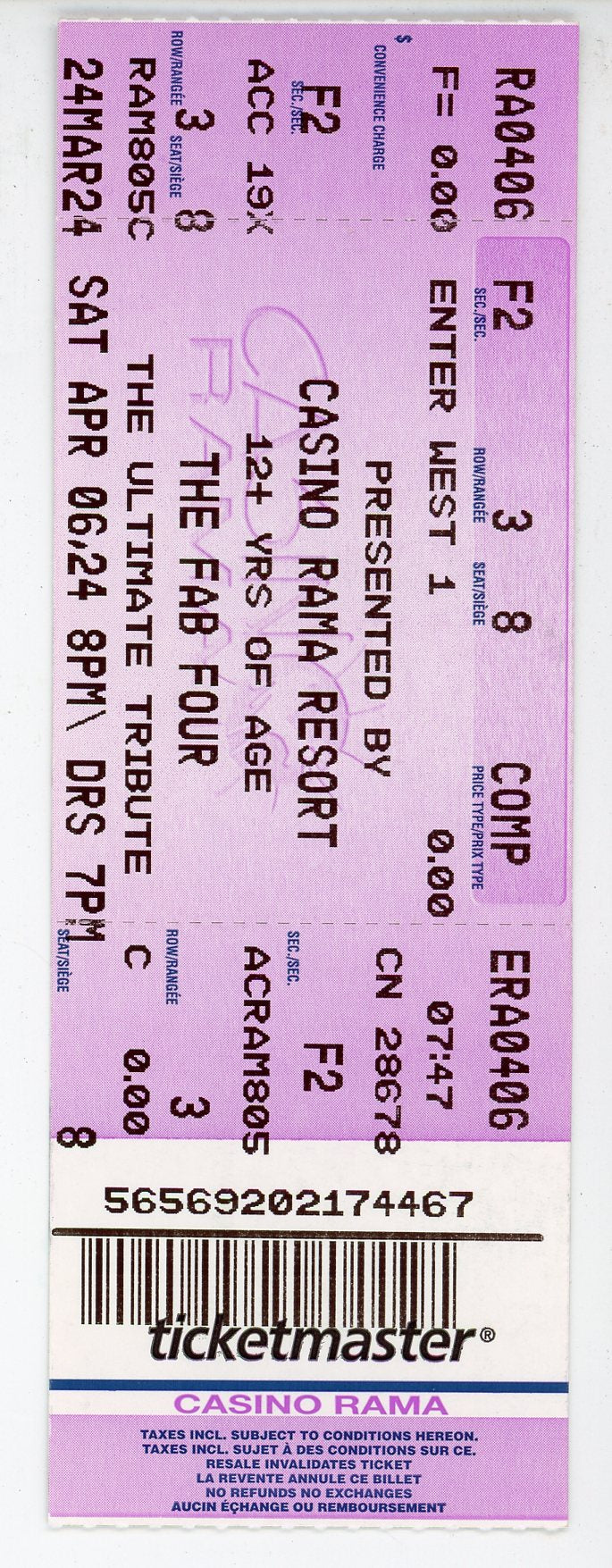 The Fab Four Ultimate Tribute Concert Ticket Stub Casino Rama Resort (Orillia, 2024)