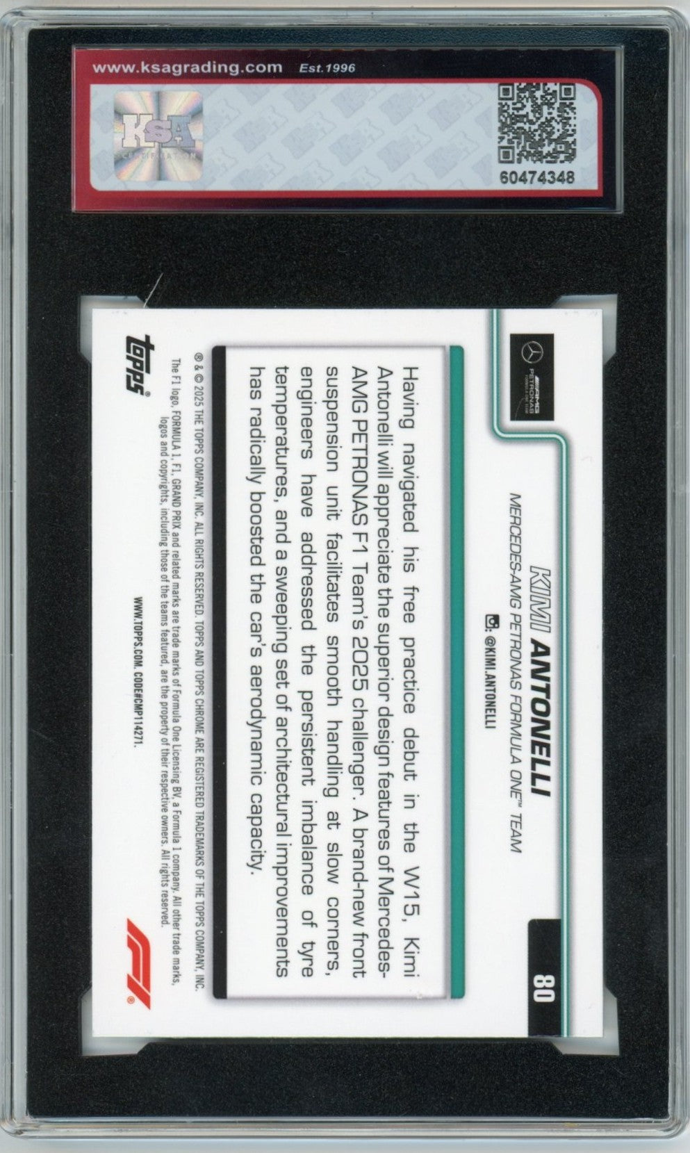 2025 Topps Chrome Formula 1 Kimi Antonelli F1 Car #80 Graded Rookie Card KSA 9.5