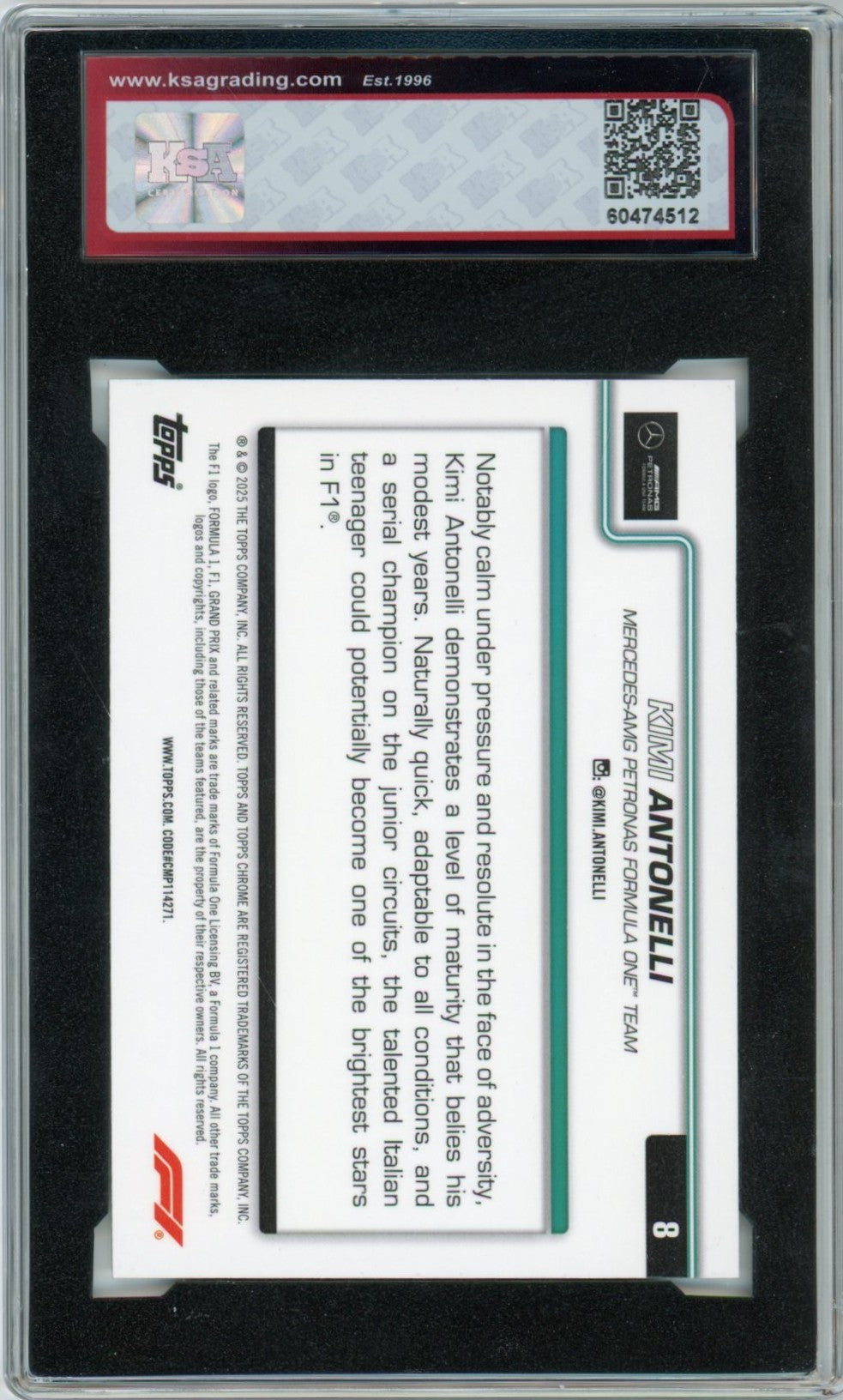 2025 Topps Chrome F1 Formula 1 Kimi Antonelli Graded Rookie Card #8 KSA 9.5