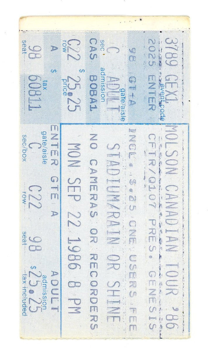 Genesis Molson Canadian Tour Vintage Concert Ticket Stub Exhibition Stadium (Toronto, 1986)