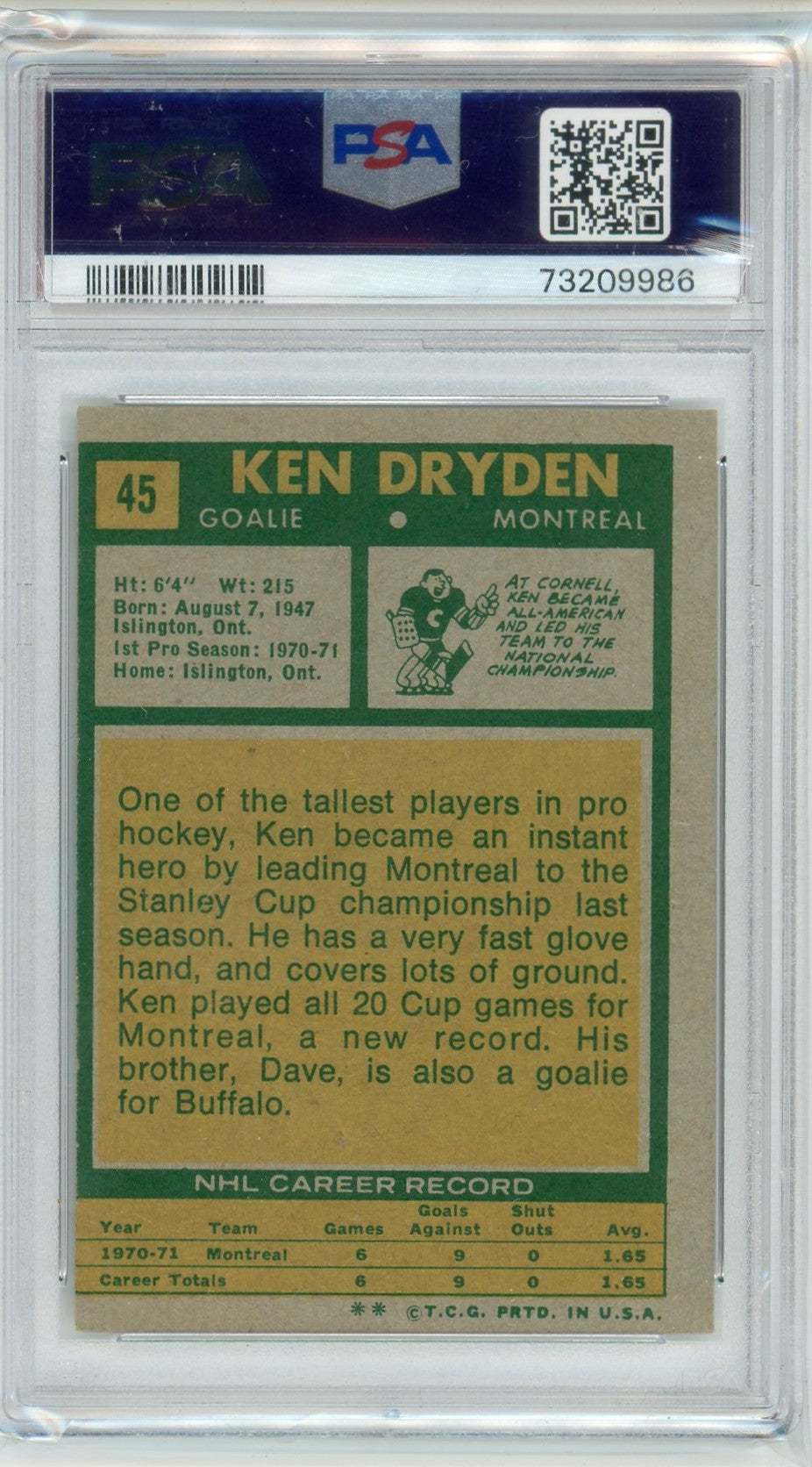 1971 Topps Ken Dryden Graded Rookie Card #45 PSA 1