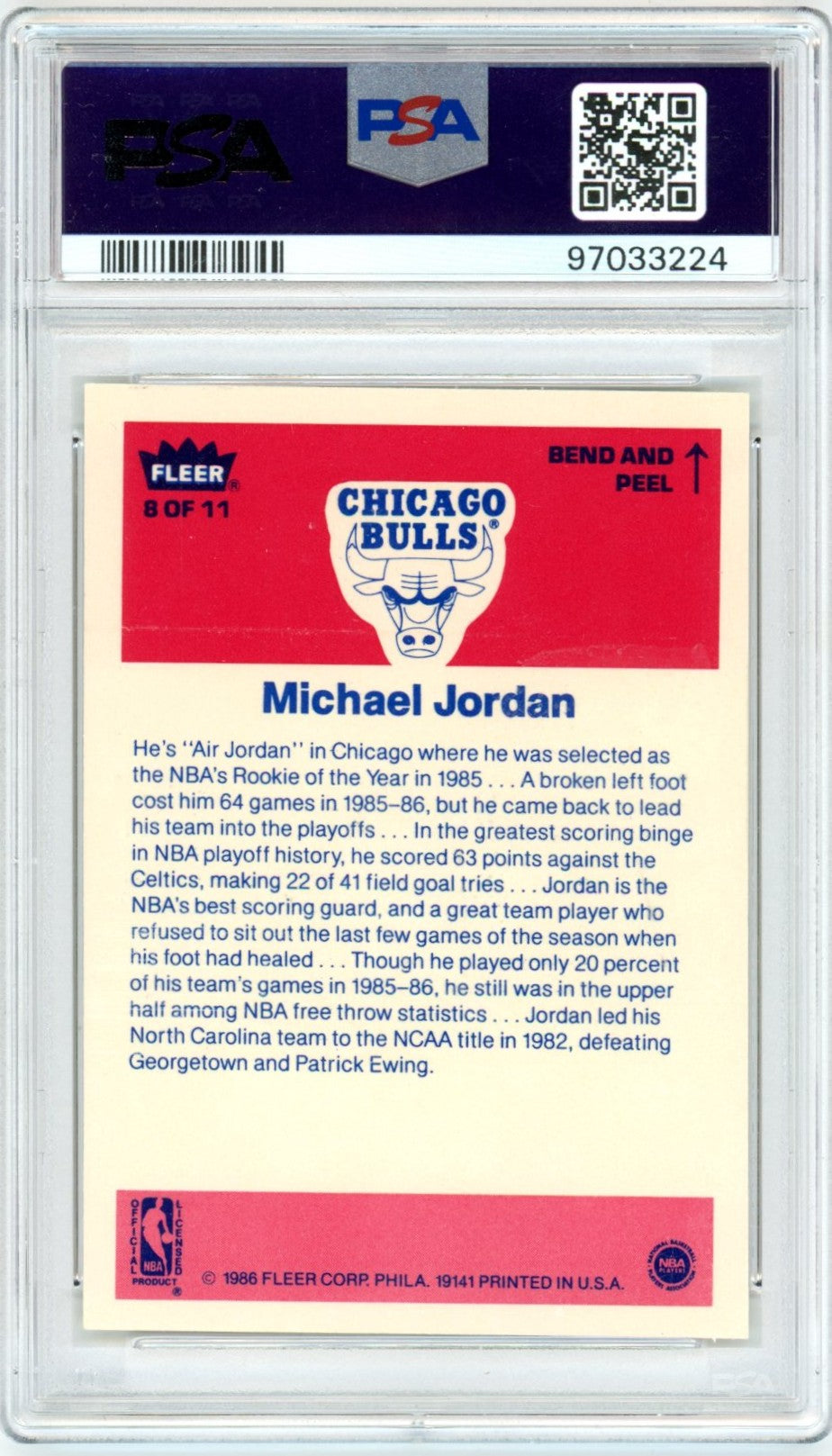 1986 Fleer Sticker Michael Jordan #8 Graded Rookie Sticker Basketball Card PSA 5