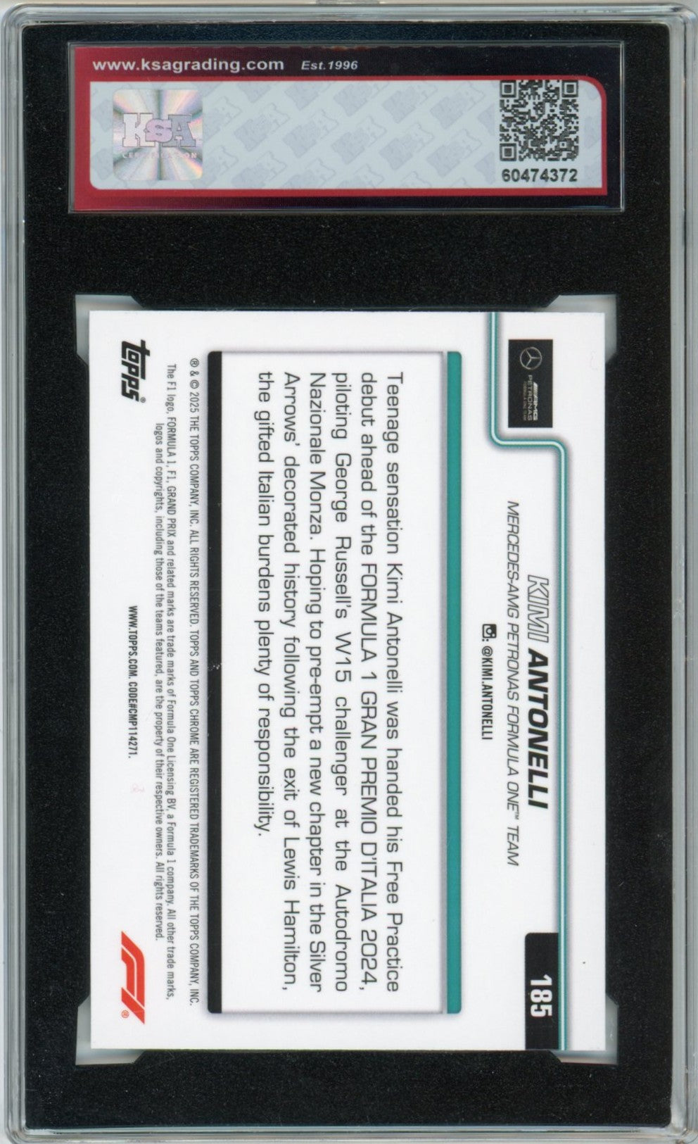 2025 Topps Chrome Formula 1 F1 Kimi Antonelli On the Move Graded Rookie Card #185 KSA 9.5