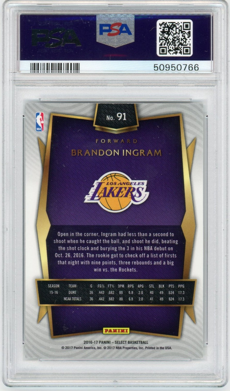 2016 Panini Select Brandon Ingram Graded Rookie Card #91 PSA 9 Toronto Raptors