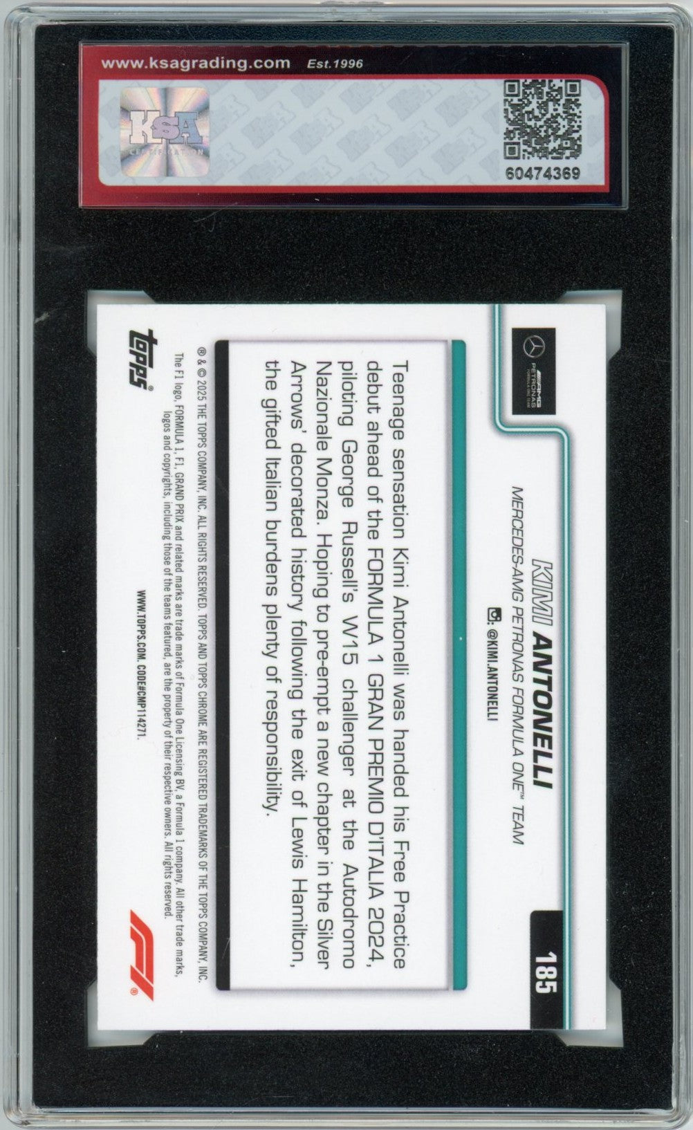 2025 Topps Chrome Formula 1 F1 #185 Kimi Antonelli On the Move Graded Rookie Card KSA 9.5
