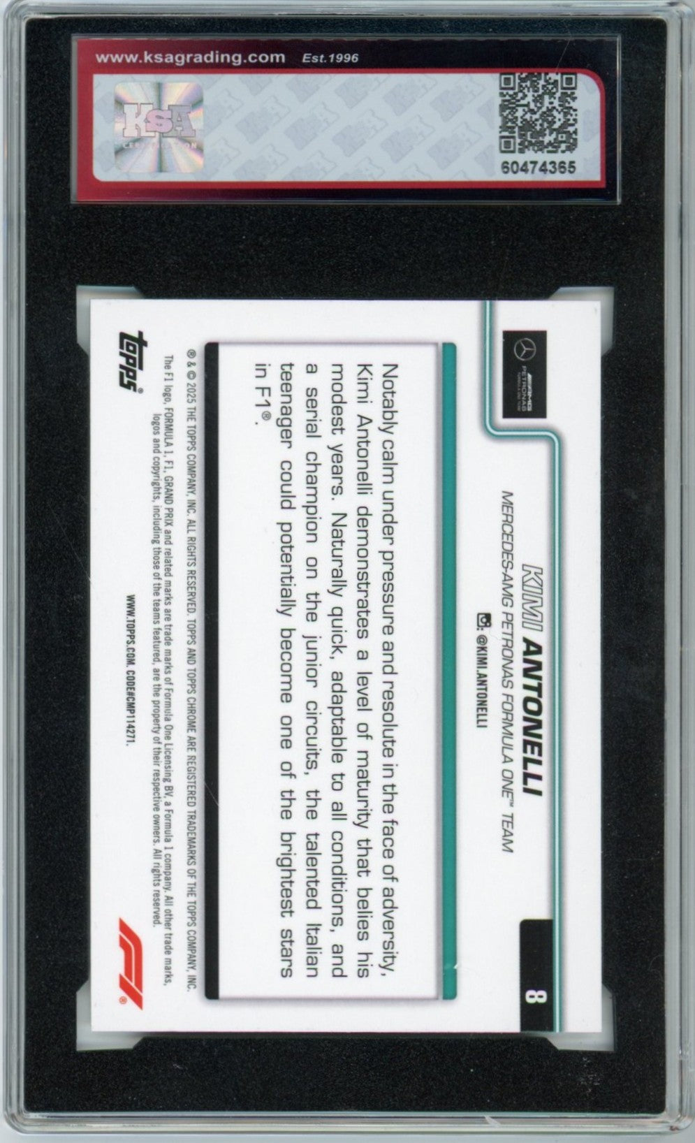 2025 Topps Chrome Formula 1 F1 Kimi Antonelli #8 Graded Rookie Card KSA 10