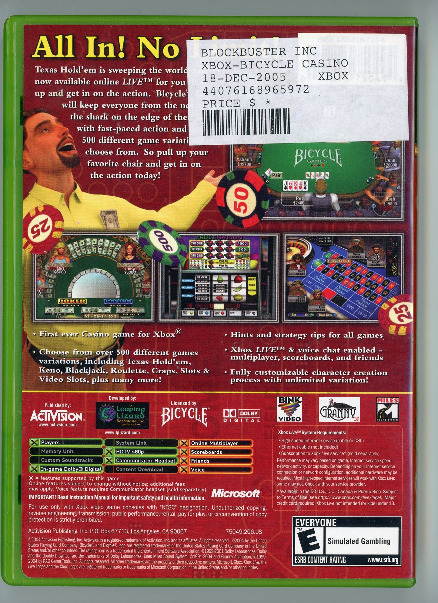 2004 Activision Bicycle Casino Xbox Video Game Disc In Box