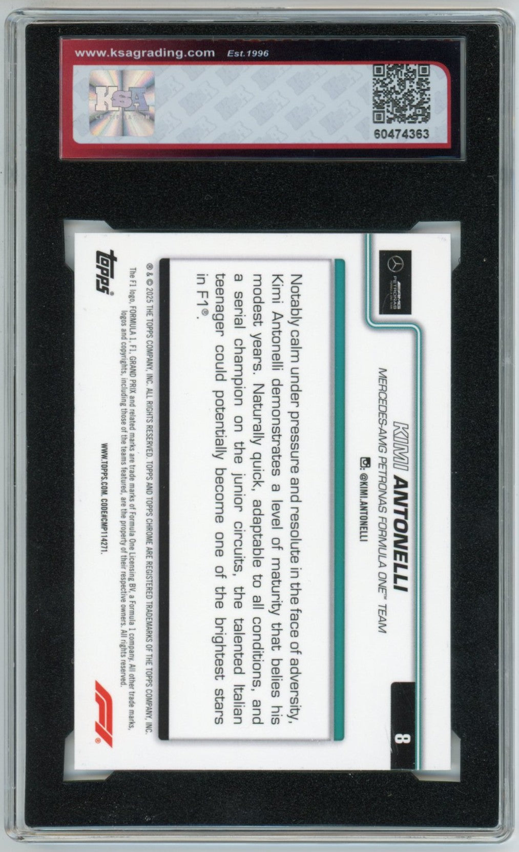 2025 Topps Chrome Formula 1 F1 #8 Kimi Antonelli Graded Rookie Card KSA 10