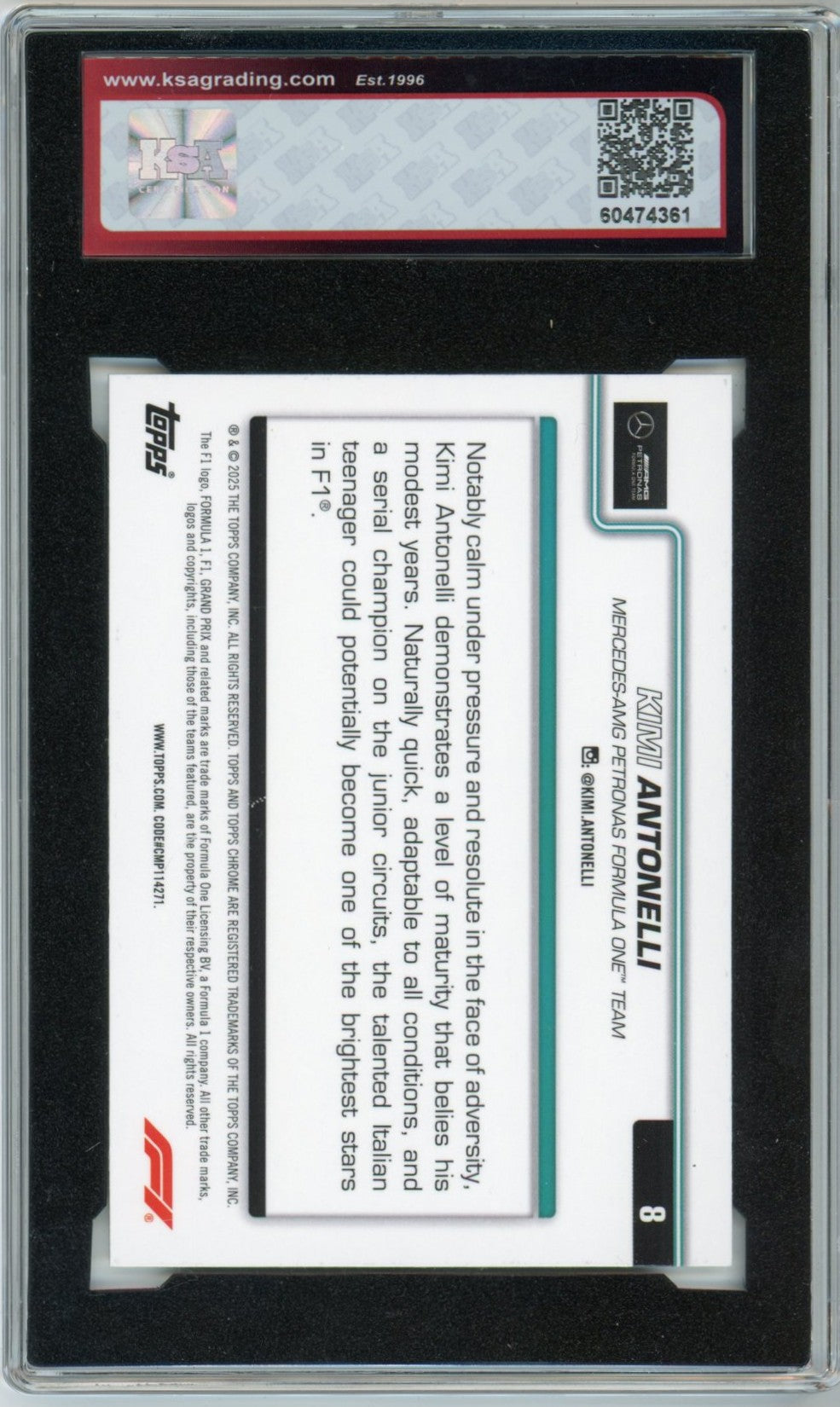 2025 Topps Chrome F1 Formula 1 #8 Kimi Antonelli Graded Rookie Card KSA 10