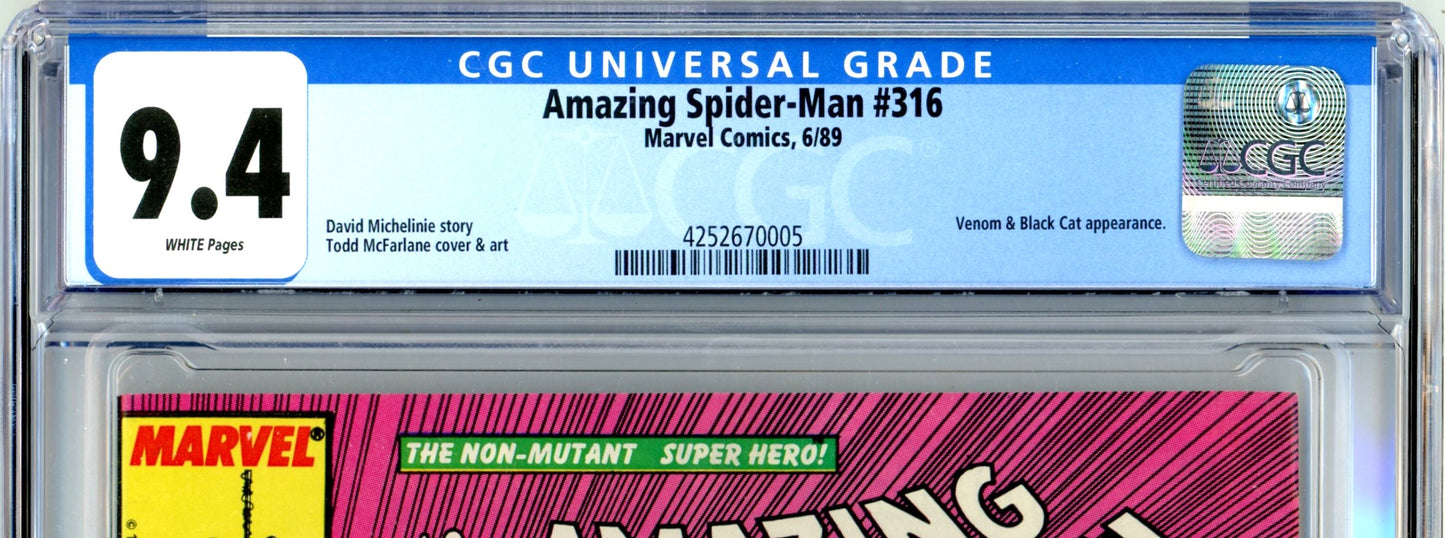 1989 Marvel Amazing Spider-Man #316 Graded Comic Book CGC 9.4 Venom & Black Cat Appearance