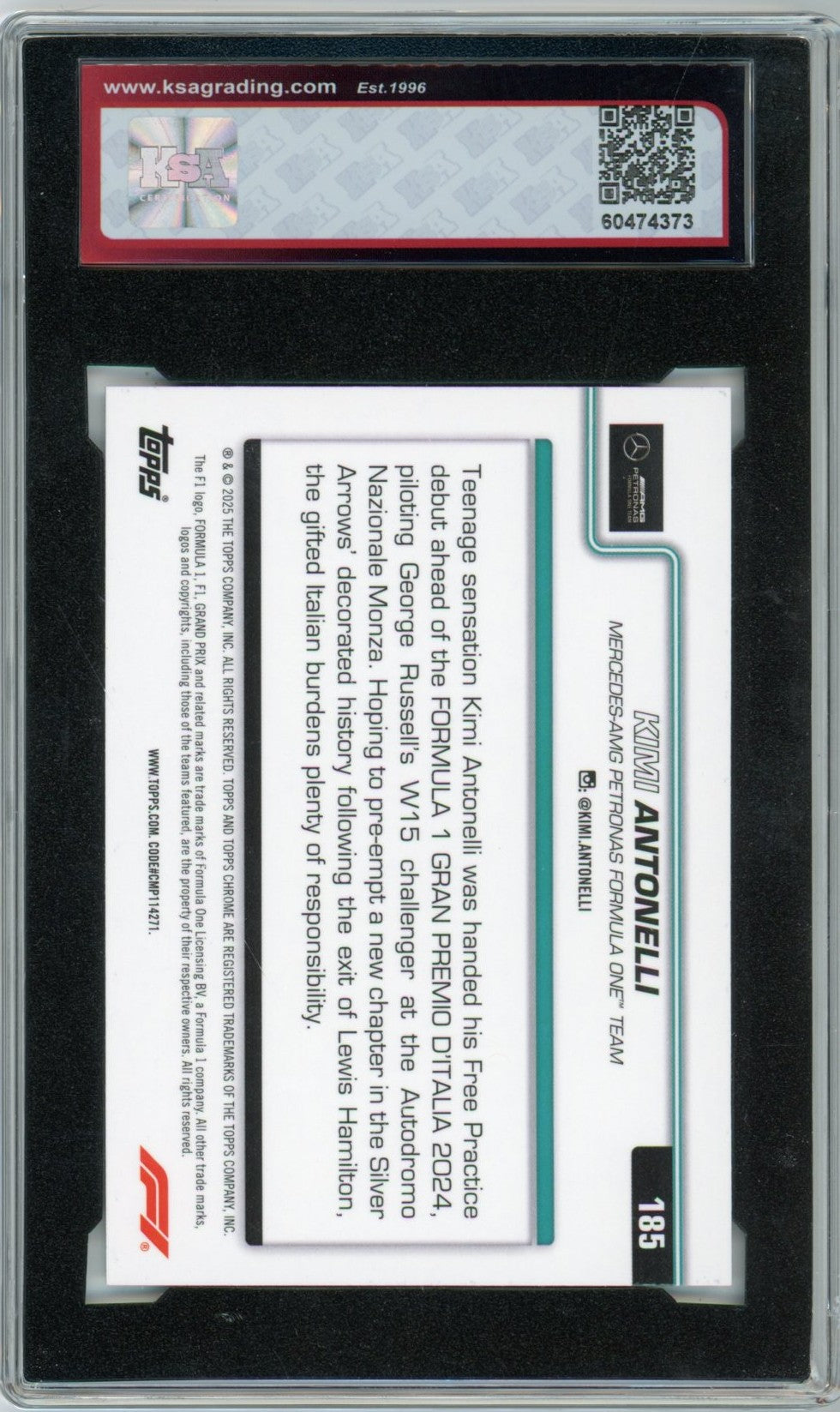 2025 Topps Chrome F1 Formula 1 Kimi Antonelli On the Move #185 Graded Rookie Card KSA 10