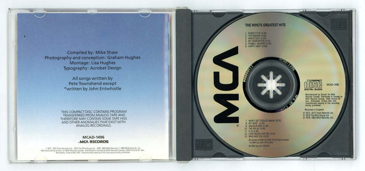 1983 The Who's Greatest Hits (1972) Vintage Compilation Album CD Canada Reissue