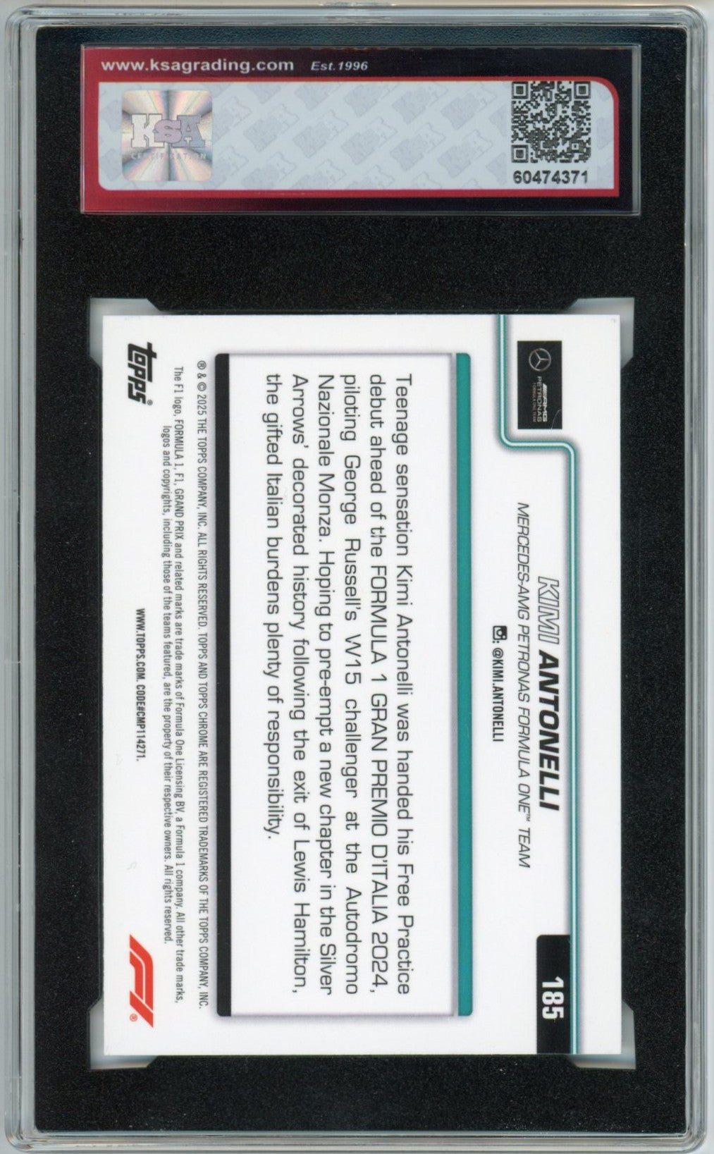 2025 Topps Chrome F1 Formula 1 #185 Kimi Antonelli On the Move Graded Rookie Card KSA 10