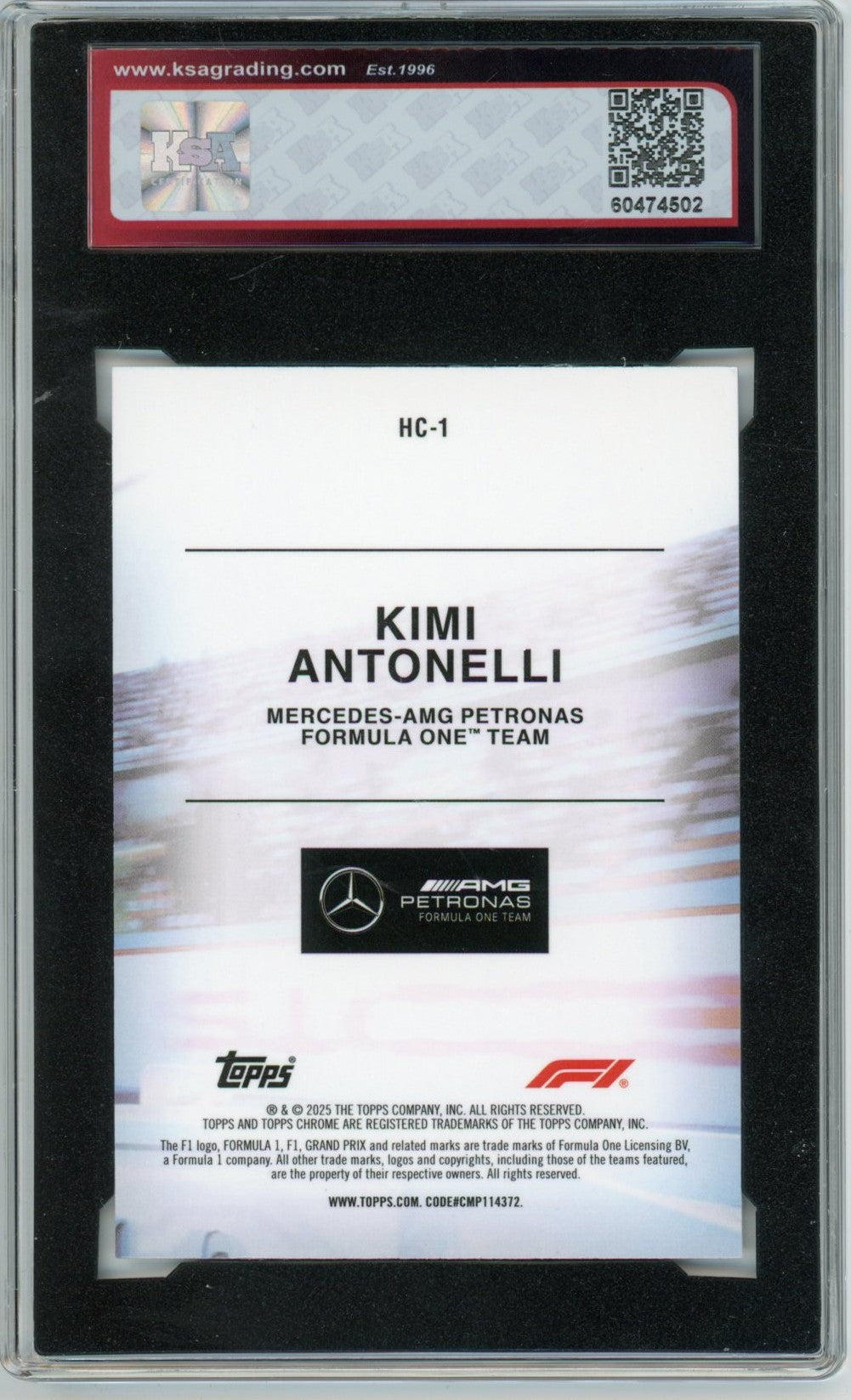 2025 Topps Chrome F1 Formula 1 Kimi Antonelli Helmet #HC-1 Graded Rookie Card KSA 10
