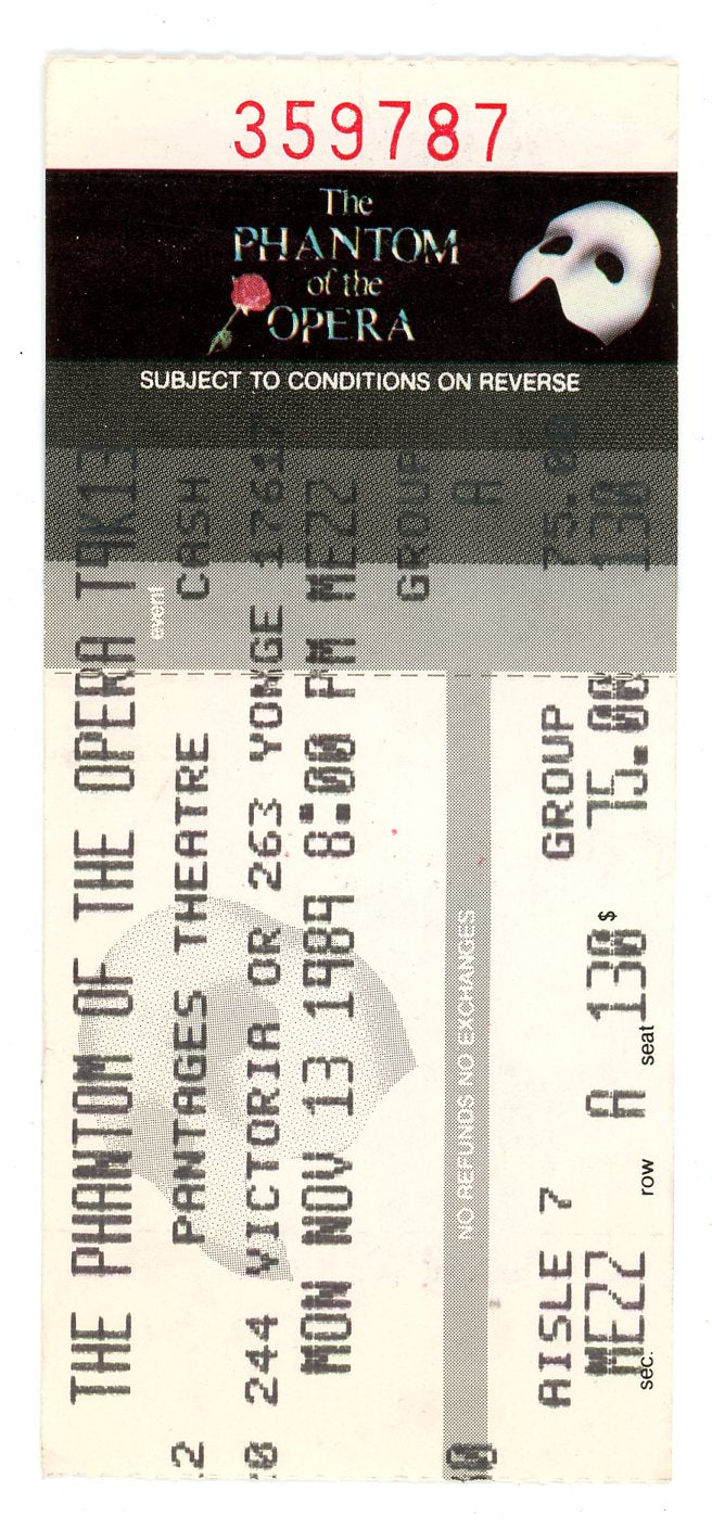 The Phantom of the Opera Vintage Ticket Stub Pantages Theatre (Toronto, 1989)