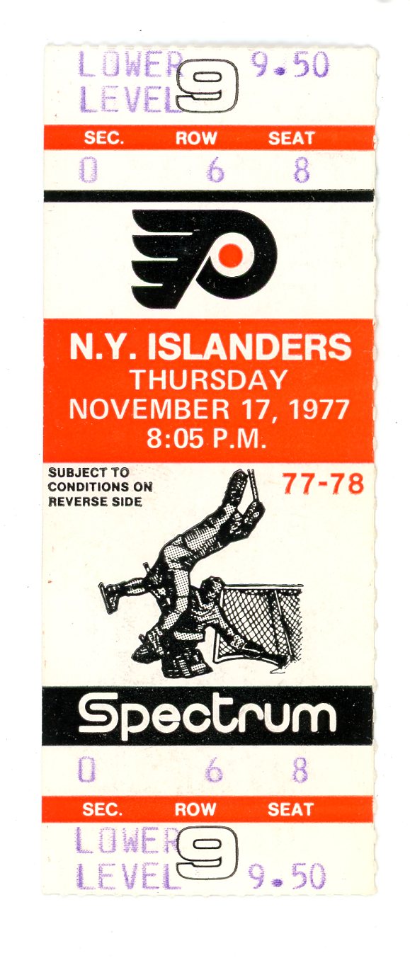 Philadelphia Flyers vs. N.Y. Islanders Vintage Hockey Ticket Spectrum (Philadelphia, 1977)
