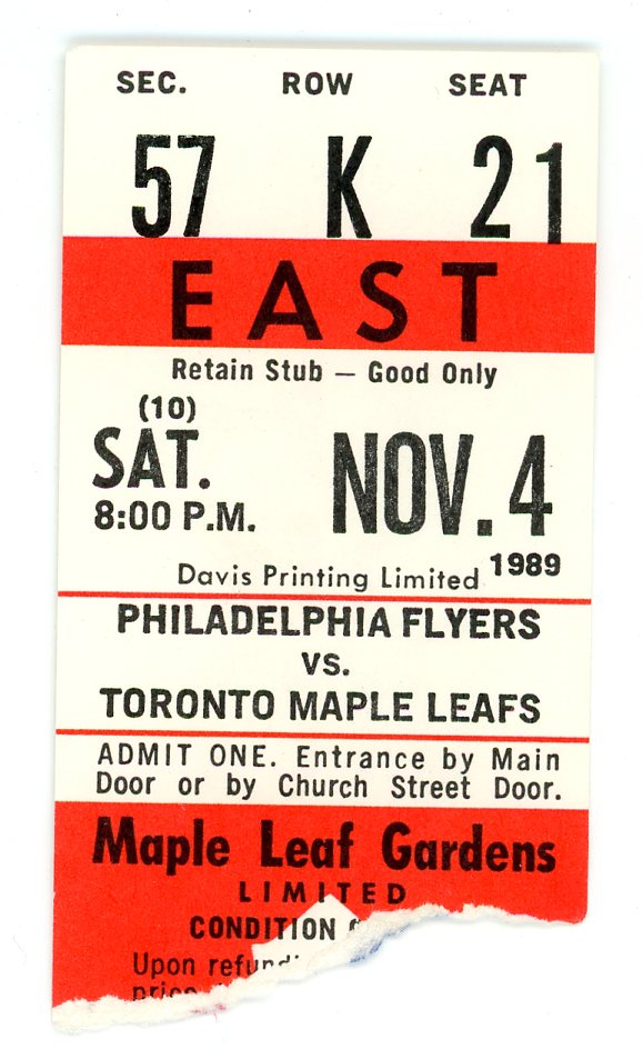 Flyers vs. Toronto Maple Leafs Vintage Ticket Maple Leaf Gardens (Toronto, 1989)