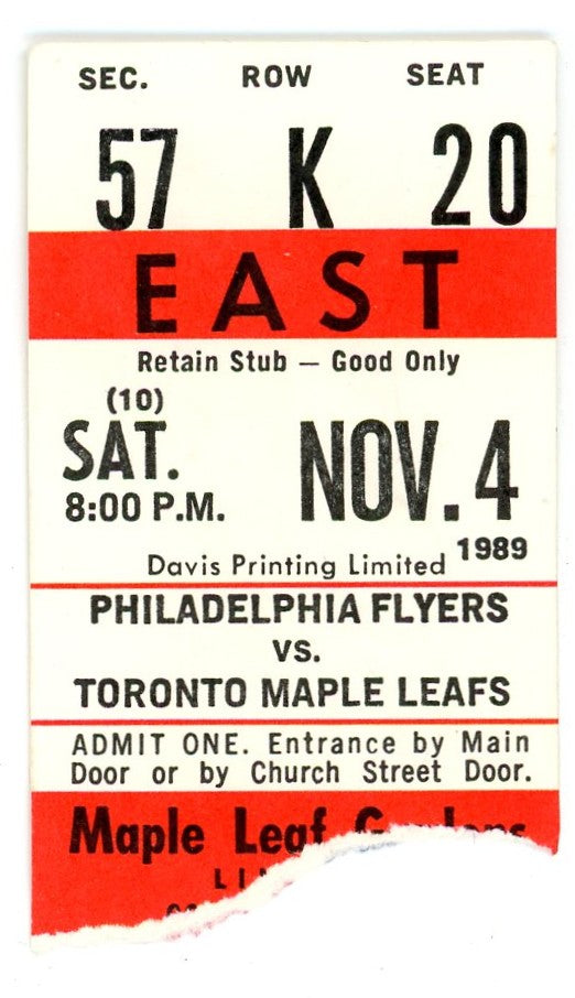 Philadelphia Flyers vs. Maple Leafs Vintage Hockey Ticket Maple Leaf Gardens (Toronto, 1989)
