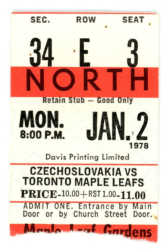 Czechoslovakia vs. Maple Leafs Vintage Ticket Maple Leaf Gardens (Toronto, 1978)