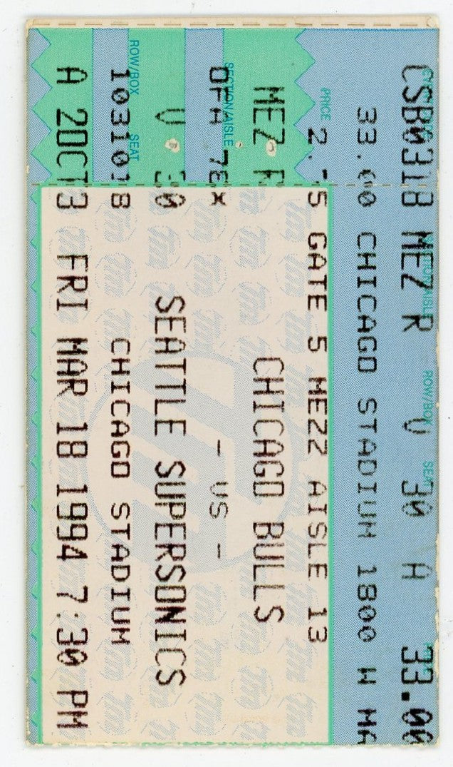 Bulls vs. Seattle Supersonics Vintage Ticket Stub Chicago Stadium (Chicago, 1994)