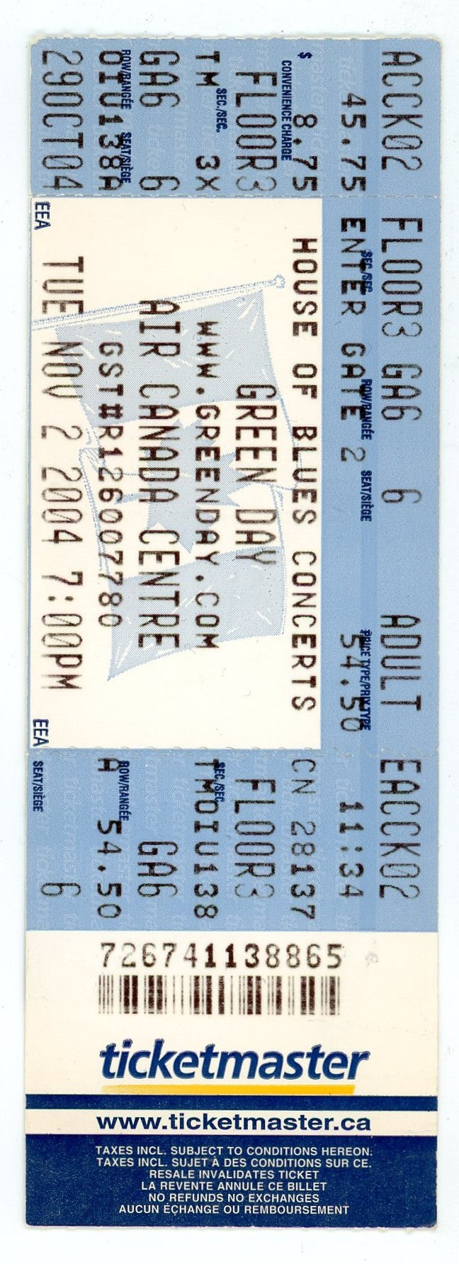 Green Day Concert Ticket Stub Air Canada Centre (Toronto, 2004)