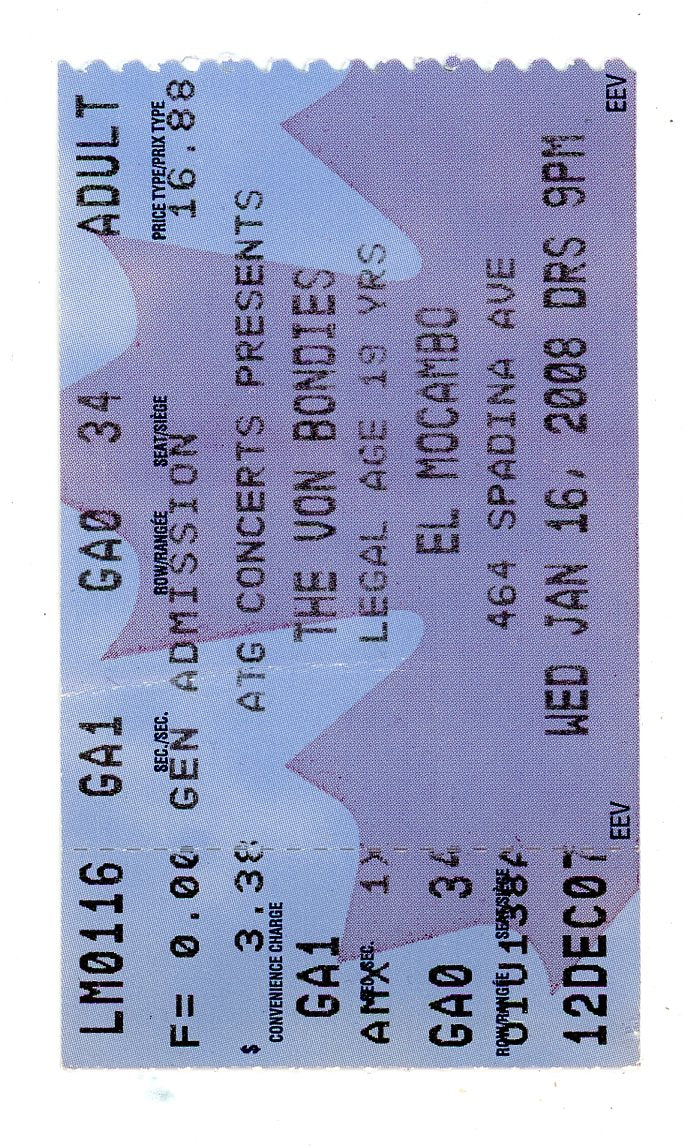 The Von Bondies Concert Ticket Stub El Mocambo (Toronto, 2008)