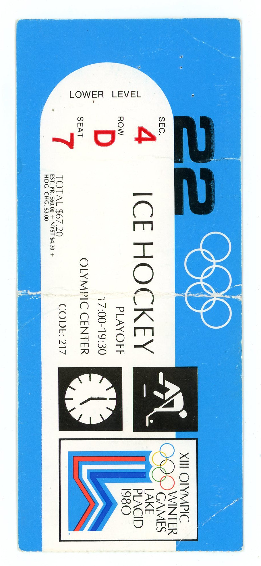 XIII Olympic Winter Games Lake Placid Ice Hockey Vintage Ticket Stub (New York, 1980)