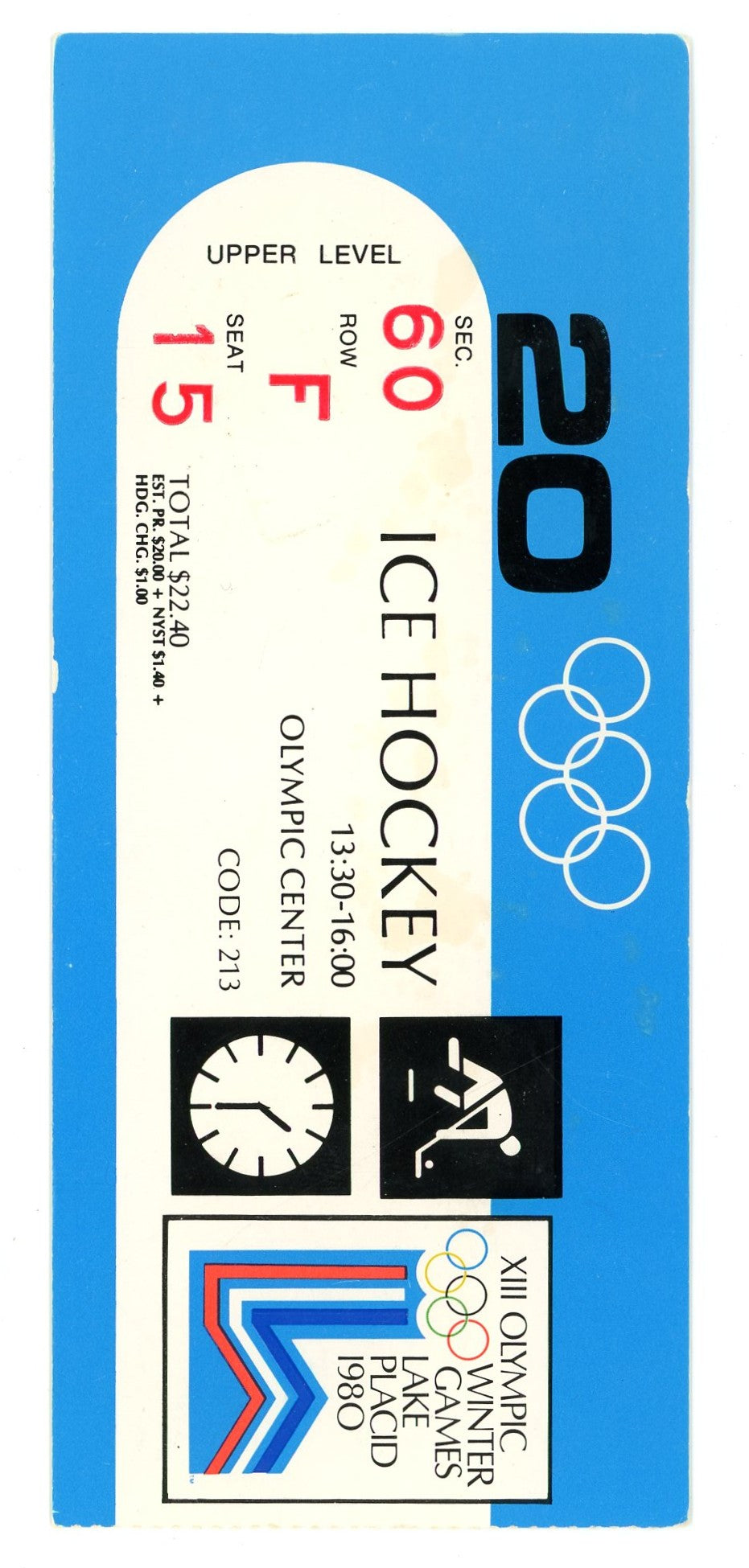 XIII Olympic Winter Games Lake Placid Ice Hockey Vintage Ticket (New York, 1980)