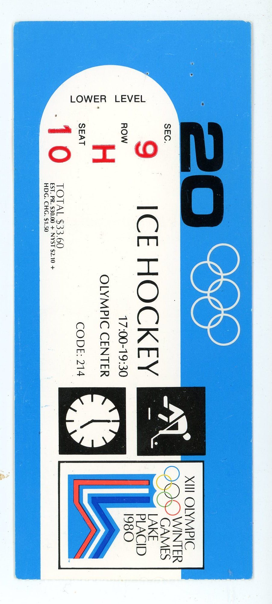 XIII Olympic Winter Games Lake Placid Vintage Ice Hockey Ticket (New York, 1980)