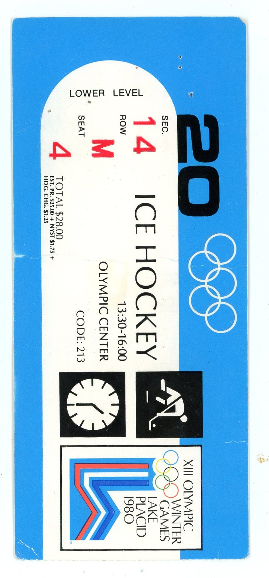 XIII Olympic Winter Games Lake Placid Vintage Ice Hockey Ticket Stub (New York, 1980)