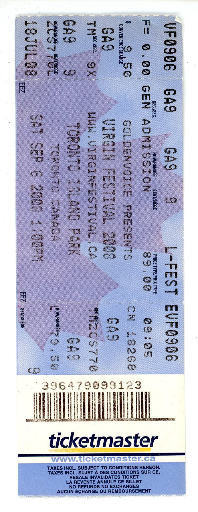 Virgin Festival Concert Ticket Stub Toronto Island Park (Toronto, 2008)