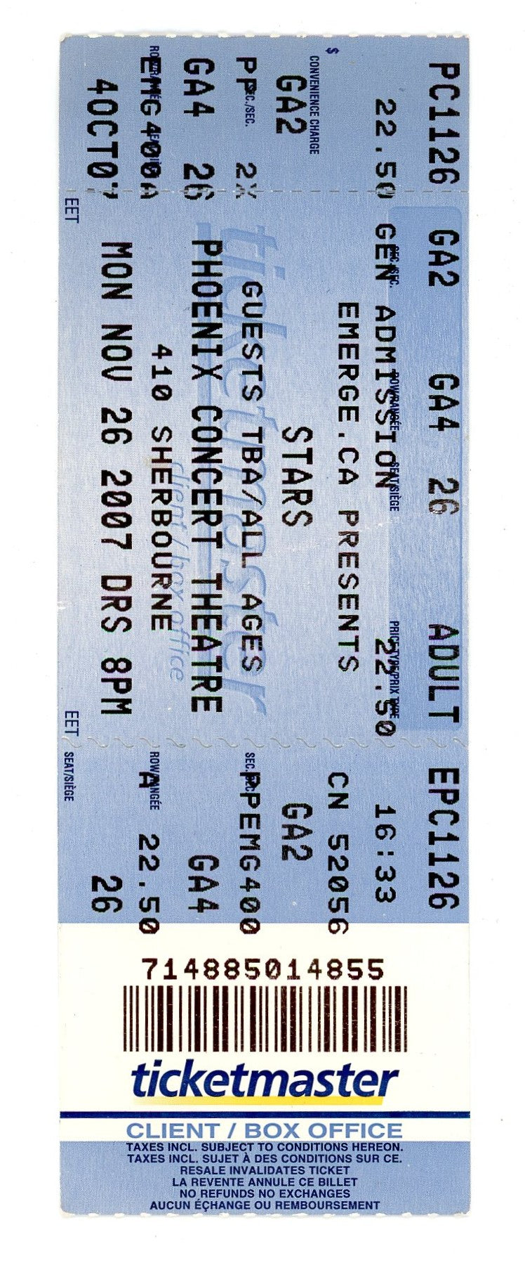 Stars Concert Ticket Stub Phoenix Concert Theatre (Toronto, 2007)