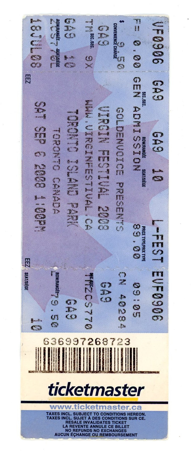 Virgin Festival Concert Ticket Toronto Island Park (Toronto, 2008)
