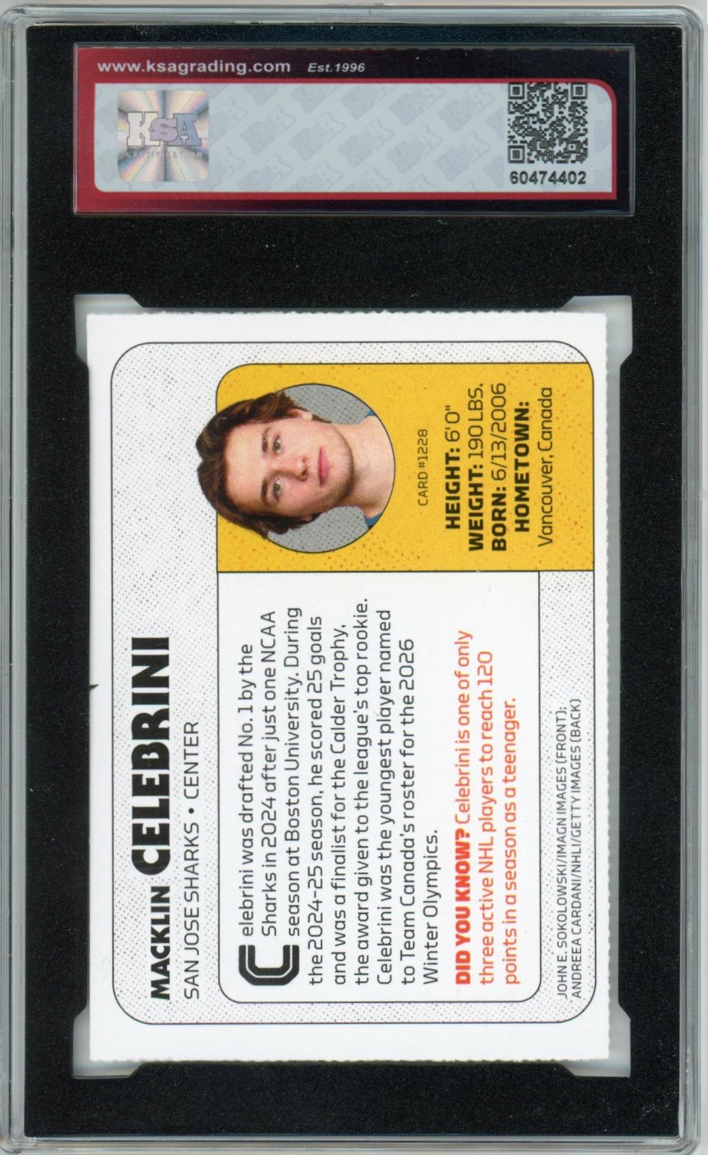 2026 Sports Illustrated Kids Macklin Celebrini #1288 Graded Hockey Card KSA 7