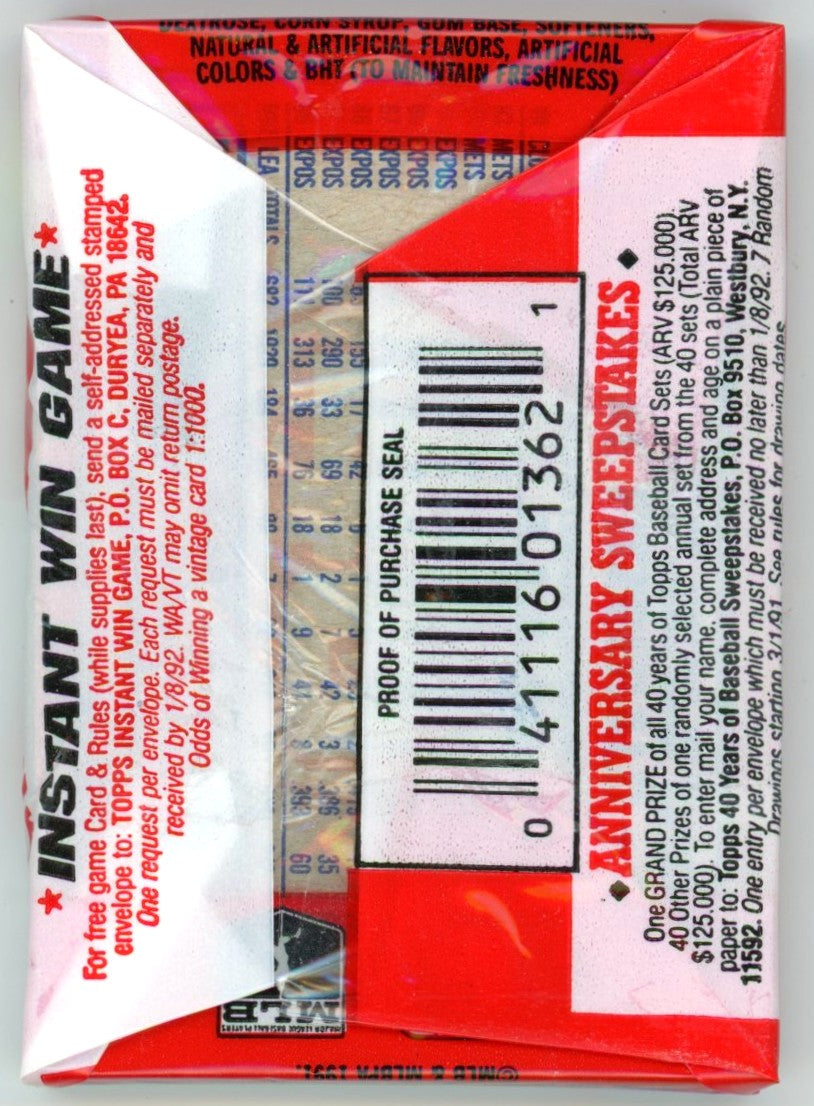 1991 Topps Baseball Wax Pack (15 Cards) 40th Anniversary