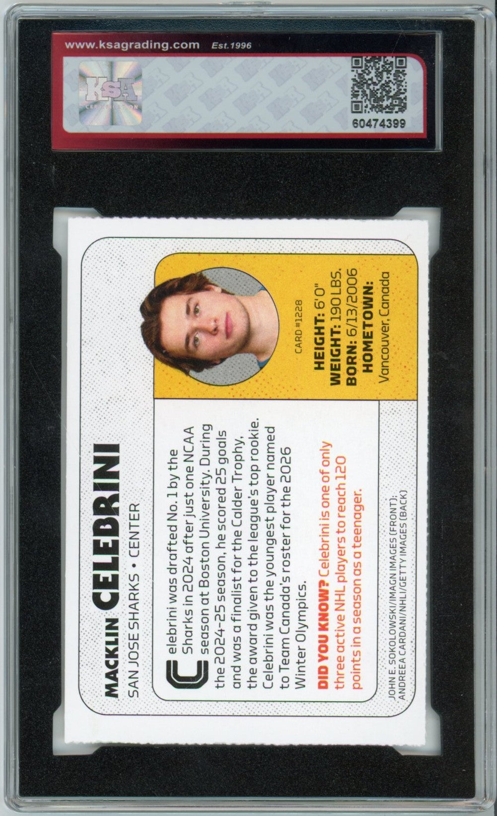2026 Sports Illustrated for Kids #1288 Macklin Celebrini Graded Hockey Card KSA 9