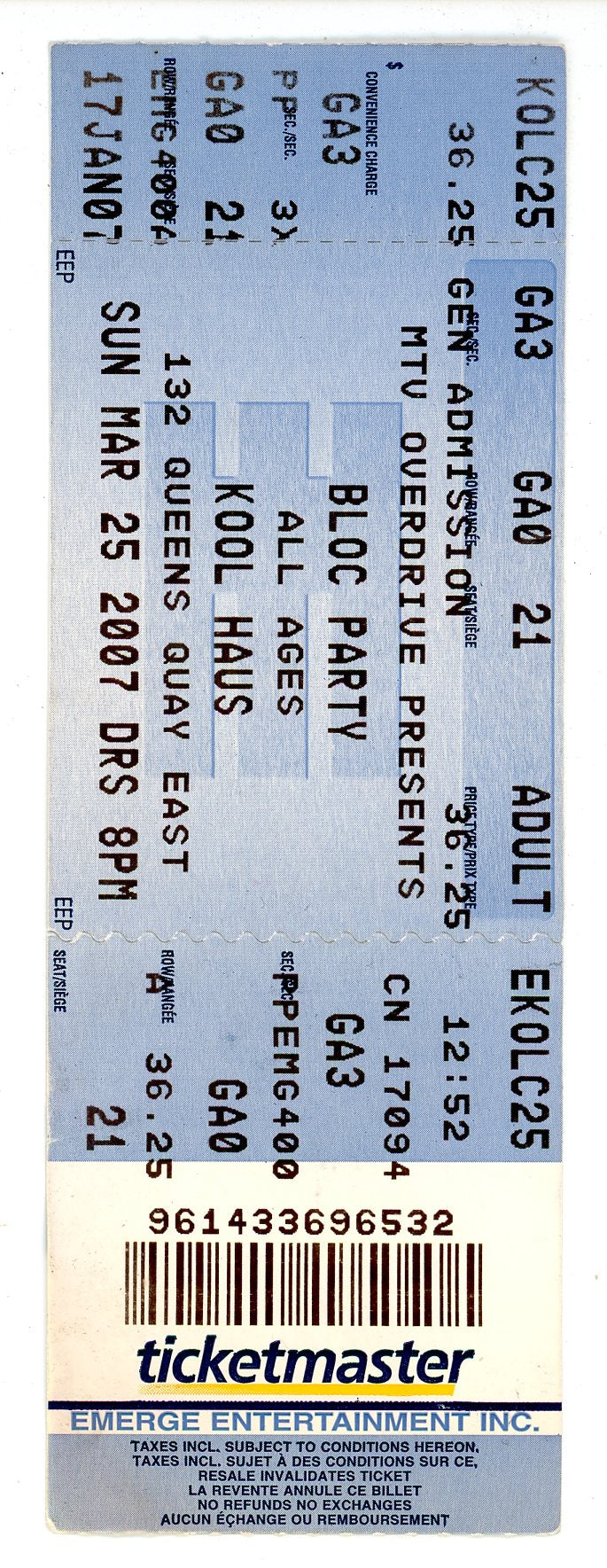 Bloc Party Concert Ticket Stub Kool Haus (Toronto, 2007)