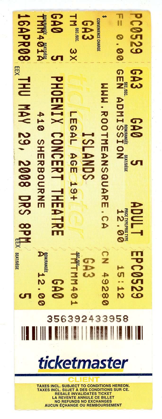Islands Concert Ticket Stub Phoenix Concert Theatre (Toronto, 2008)