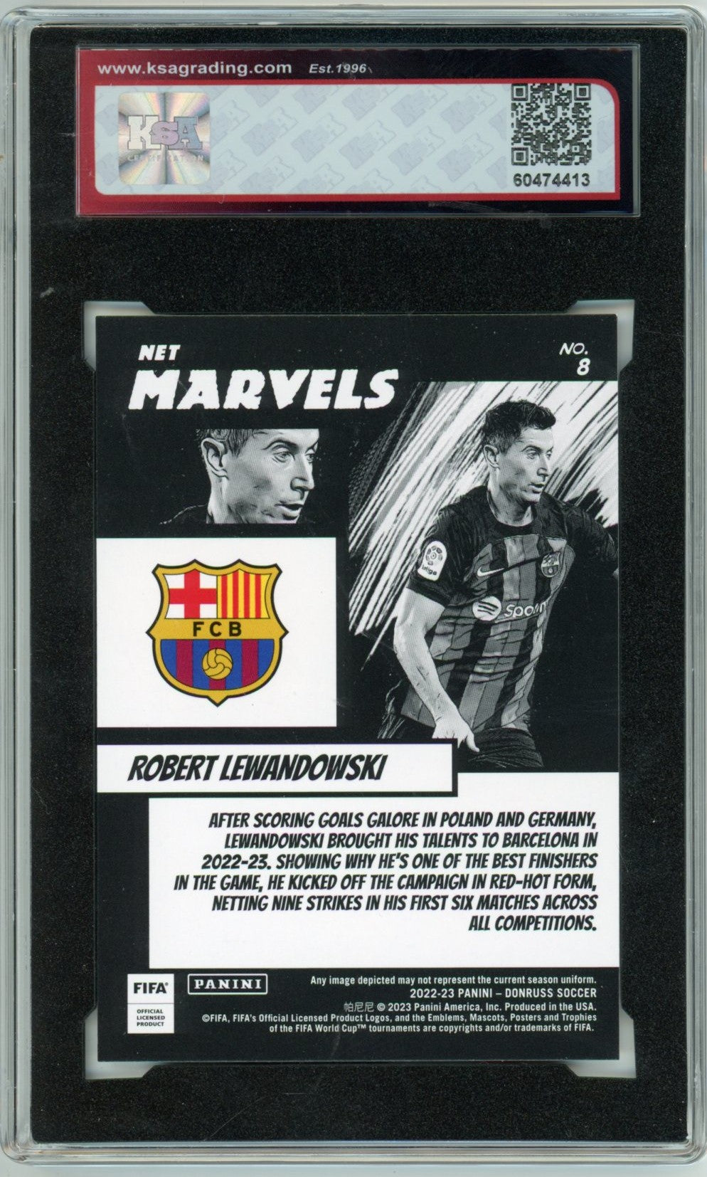 2022/23 Panini Donruss Robert Lewandowski Net Marvels Graded Soccer Card #8 KSA 8.5