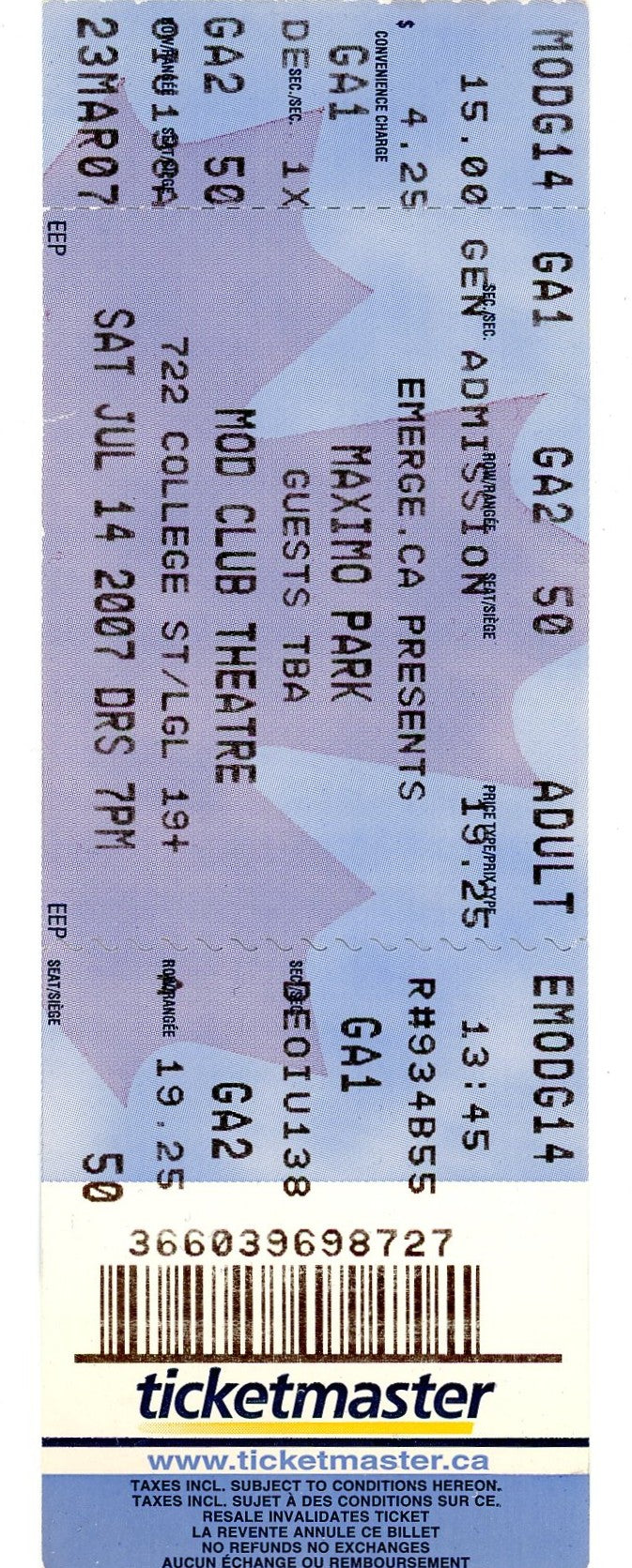 Maximo Park Concert Ticket Stub Mod Club Theatre (Toronto, 2007)