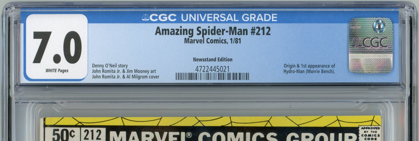 1981 Marvel Comics Amazing Spider-Man #212 Graded Comic Book CGC 7.0 Origin & 1st Appearance of Hydro-Man
