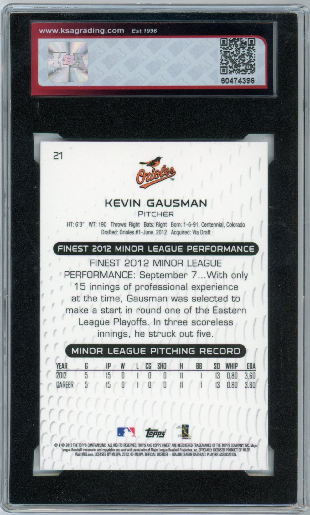 2013 Topps Finest #21 Kevin Gausman Graded Rookie Card KSA 10